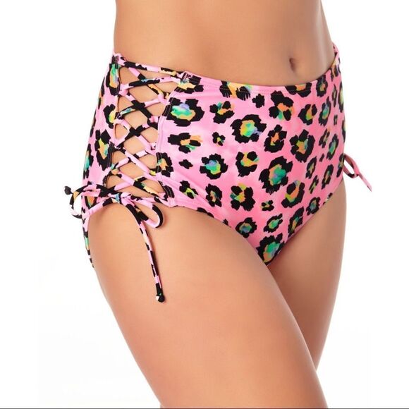 California Waves Juniors Side-Lace High Waist Pink Animal Print Swim Bottoms S - Picture 1 of 6